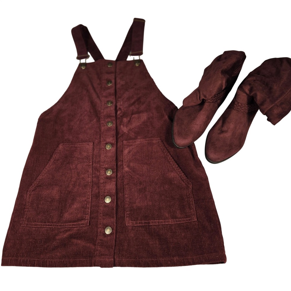 Forever 21 Burgundy Corduroy Overall Dress Button Front Pinafore Burgundy Medium